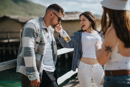 Joyful group of friends sharing a laugh and a drink on a sunny vacation day