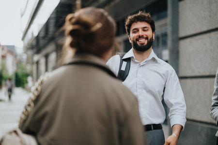 Happy man meeting friend on a city street, business casual attire, urban backdrop