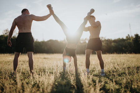 Group training outdoors with acrobatics in a sunny fieldの写真素材