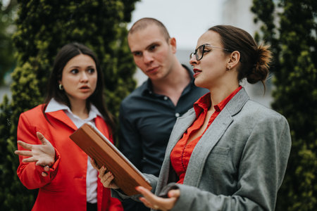 Young, creative people in outdoor business meeting discussing a projectの写真素材