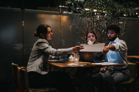 Startup team collaborating on a new project at a coffee bar late at night
