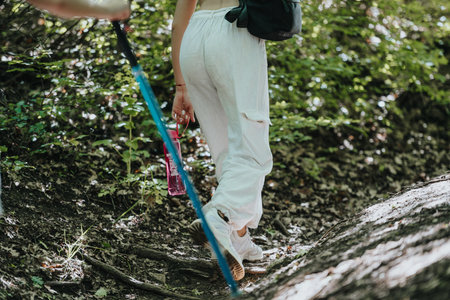Friends hiking in the mountains enjoying nature and adventureの写真素材