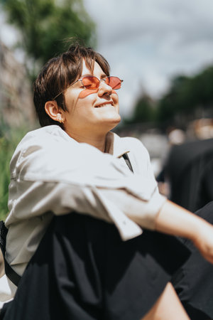 Young person enjoying a sunny day outdoors, smiling while wearing sunglasses