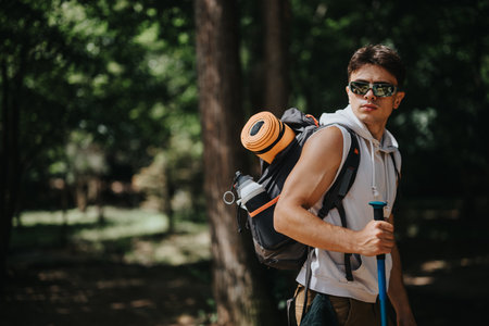 Young man hiking in forest with backpack and trekking pole on a sunny dayの写真素材