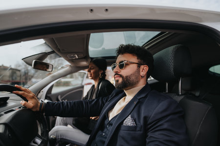 Stylish man driving a car with a female passenger in the cityの写真素材