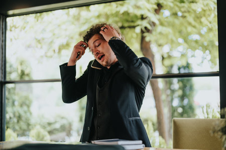 Stressed businessman struggling with work in modern office settingの写真素材