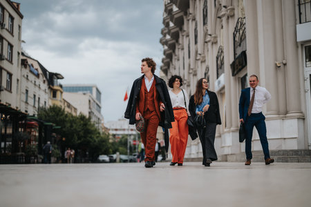 Group of business professionals walking on city street, discussing work, and smilingの写真素材