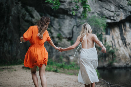 Two women holding hands while exploring nature in summer dressesの写真素材