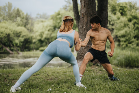 Young couple exercising together in nature with trees and pond in background