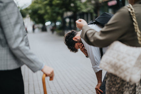 Business people helping colleague who feels unwell outdoorsの写真素材