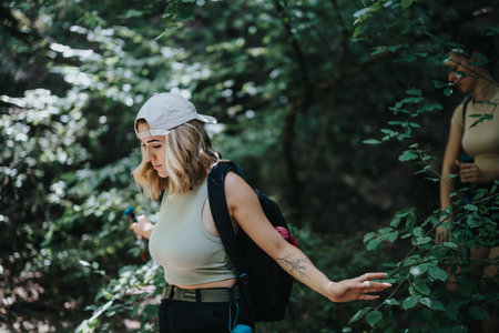 Young woman hiking in forest during summer day, enjoying nature and adventureの写真素材