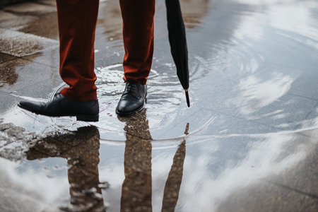Man standing in a puddle holding an umbrella on a rainy dayの写真素材