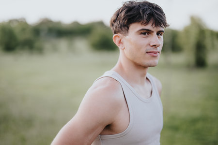 Young man in tank top with serious look standing outdoors at sunset