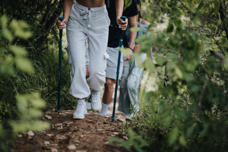 Group of friends hiking through a scenic forest trail on a sunny dayの写真素材