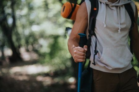 Hiker with a backpack and trekking pole enjoying a serene forest trail on a sunny dayの写真素材