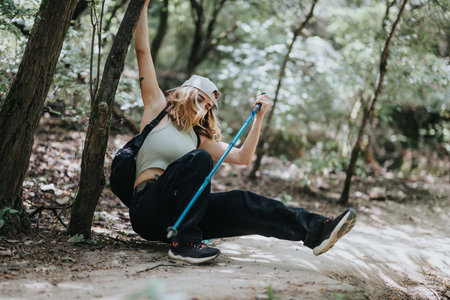 Young woman hiking in the forest on a sunny day, exploring nature and enjoying an outdoor adventureの写真素材