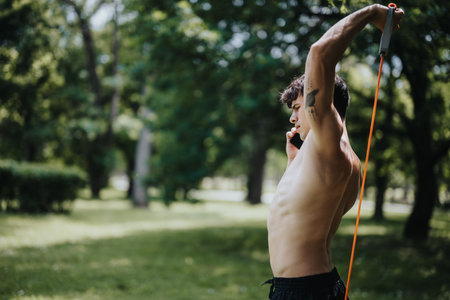 Shirtless young man working out with a resistance band while talking on his phone in a scenic park...