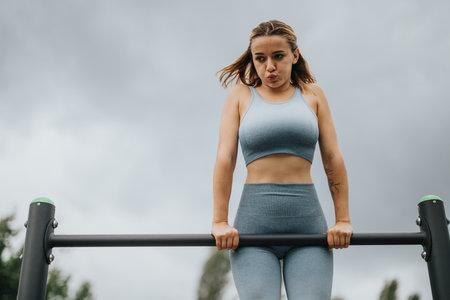 Woman exercising with pull-ups on a bar outdoors