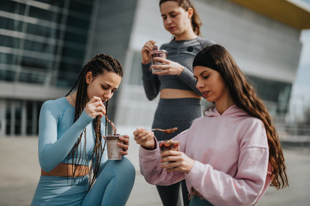 Active young women enjoying healthy snacks after workout in urban setting