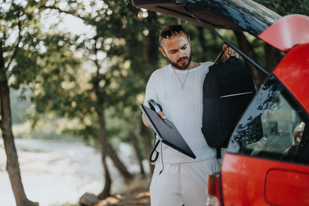 Man enjoying nature on a summer day while preparing outdoor gear from the car