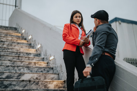 Young creative professionals in outdoor business meeting discussing projectの写真素材