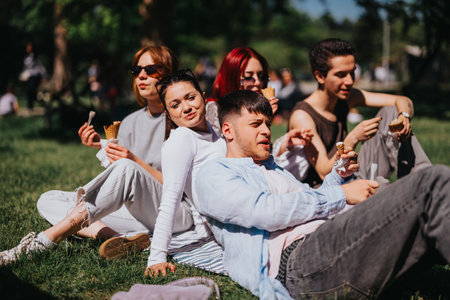 Group of friends enjoying ice cream in a sunny park on a leisurely dayの写真素材