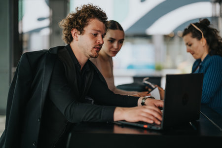 Business professionals collaborating on a laptop in a modern office settingの写真素材