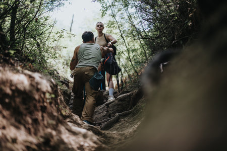 Hiking friends exploring a forest trail on a sunny summer dayの写真素材