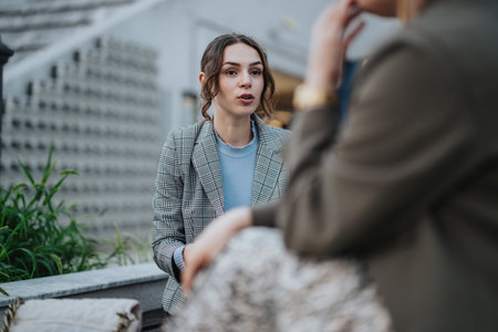 Young businesswoman having a discussion outdoors with a colleague wearing casual business attire
