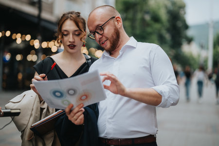 Two colleagues discussing business project with documents on busy city street