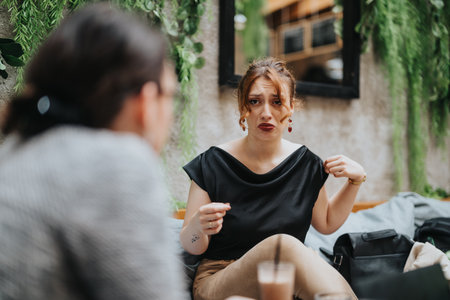 Women having a serious conversation in a cozy cafe settingの写真素材