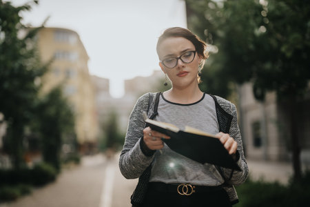 Woman reading book outdoors in urban setting during daytimeの写真素材