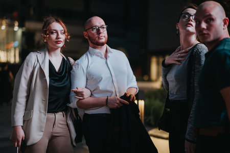 Group of business people standing together at night, looking focused and professional.