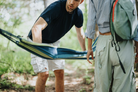 Two people setting up a hammock in the forest for a relaxing outdoor experienceの写真素材