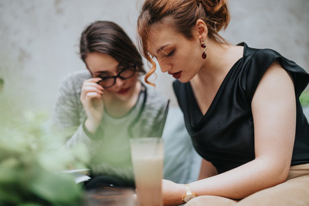 Two businesswomen in a discussion during a meeting, analyzing documents and discussing strategy in...
