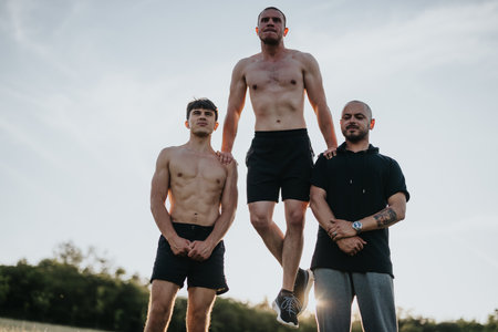 Three men posing outdoors during sunset, showcasing fitness and teamworkの写真素材