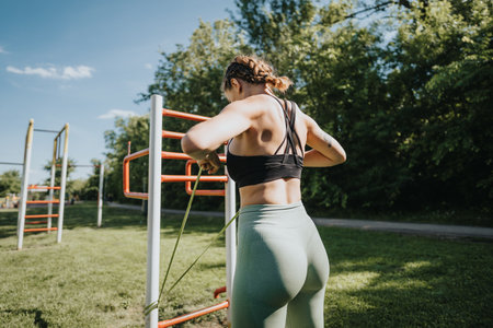 Woman exercising with resistance band in outdoor park on a sunny dayの写真素材