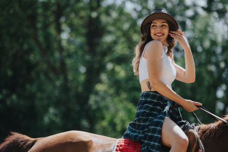 Happy woman enjoying a sunny day riding a horse outdoors in nature