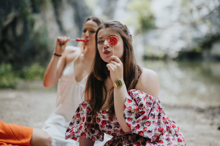 Two young women enjoying lollipops in nature while having fun and relaxing outdoorsの写真素材