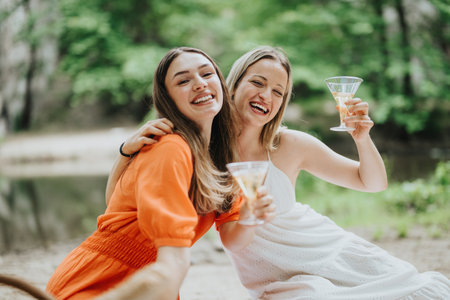 Cheerful young women enjoying picnic and champagne in natureの写真素材