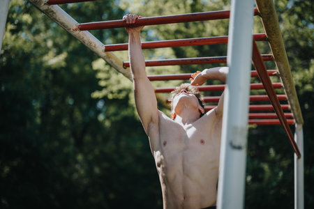 Athletic man exercising on monkey bars outdoors in sunny park for fitness training