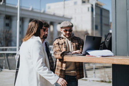 Young business associates collaborate on a project in an urban setting.