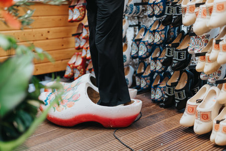 Person standing in oversized decorative wooden clogs in a colorful clog shop