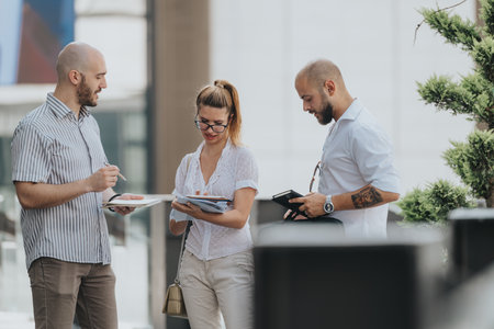 Group of business professionals collaborating and discussing documents outdoorsの写真素材