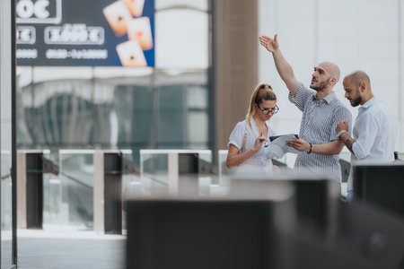Business team collaborating on a project outdoors in a modern urban settingの写真素材