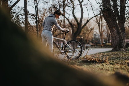 Active lifestyle moment with a man and his bicycle in a serene park setting