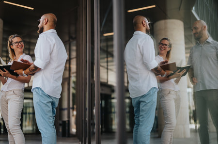 Businesspeople in outdoor meeting at urban downtown area discussing work and collaboratingの写真素材