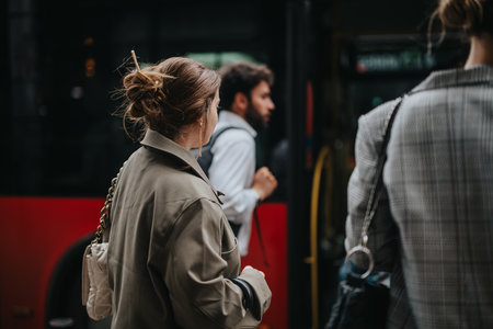 People commuting by bus in city, highlighting urban lifestyle and transportation