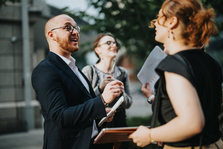 Business professionals having an informal meeting outdoors with a positive and engaging discussion