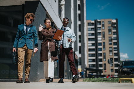 Diverse business team discussing strategy while walking in the city